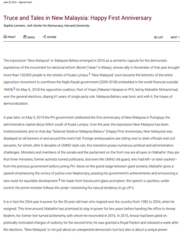 Truce and Tales in New Malaysia: Happy First Anniversary | The ASAN Forum, Vol 7 (4), June 2019